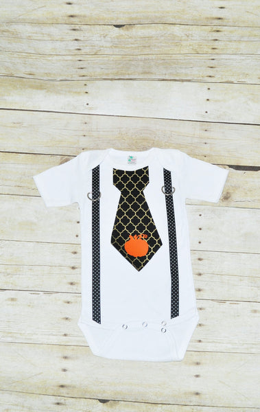 Halloween bodysuit with suspenders and tie, pumpkin applique, Halloween bodysuit, halloween outfit,  black and gold tie with orange pumpkin