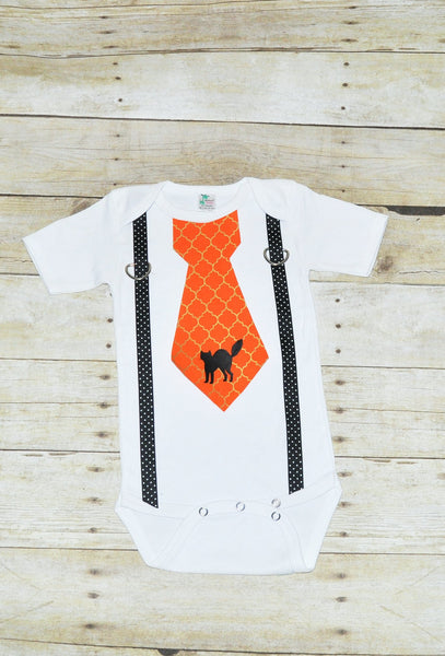 Baby/Toddler Halloween bodysuit with suspenders and tie, cat, witches hat, spider, Halloween shirt, halloween outfit, trick-or-treat