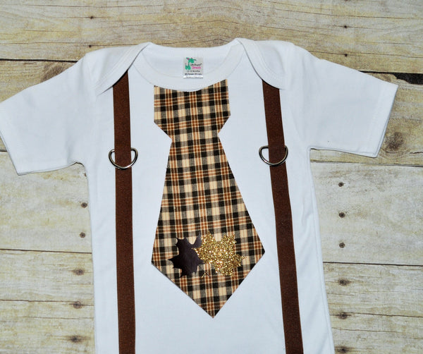 Baby bodysuit with suspenders and tie,  brown plaid, brown suspender, leaf applique, thanksgiving shirt, fall outfit, cake smash, lumberjack