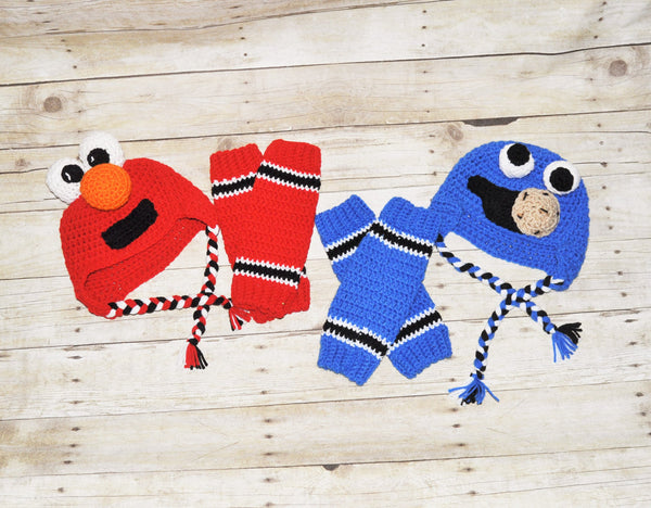 twins elmo and cookie monster crochet hat and leg warmer, twins cake smash,newborn photo prop, sesame street Party, twins smash cake,