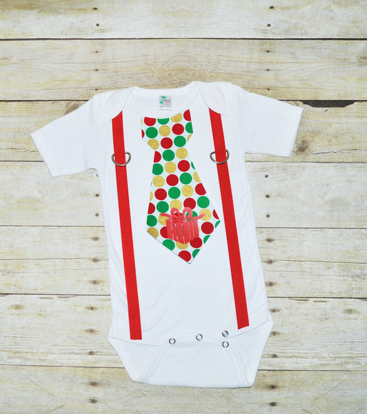 Baby/Toddler christmas bodysuit with suspenders and tie, polka dot tie, Christmas bodysuit, christmas shirt, christmas polka dots