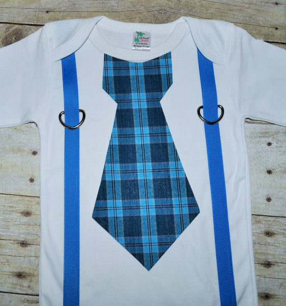 Baby/Toddler christmas bodysuit with suspenders and tie, blue gingham, plaid, snowflake tie ,christmas shirt, christmas gingham, blue winter