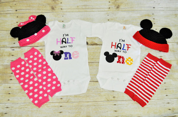 mickey and minnie twins half birthday sets, twins cake smash outfit, legwarmers, mickey and Minnie half birthday set, mickey and minnie hats