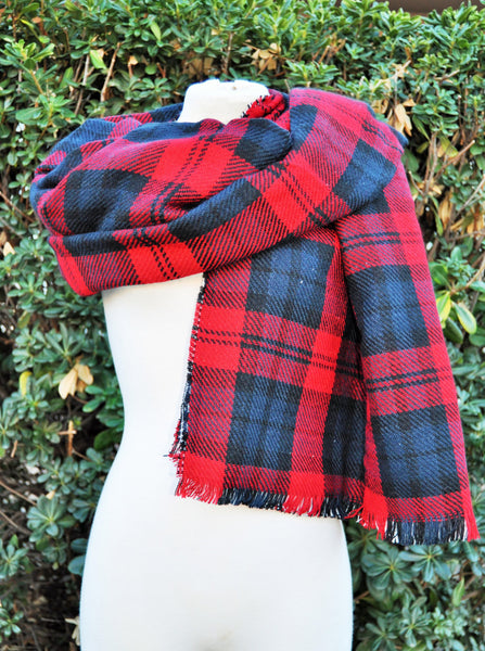 reversible blanket scarf, oversized scarf, red and black, plaid and houndstooth scarf, fashion scarf,  red tartan scarf, double sided scarf