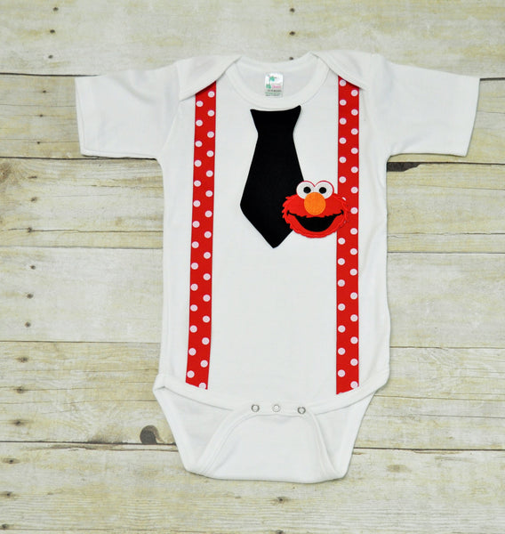 Elmo tie bodysuit, Elmo tie and suspenders, elmo tie and suspenders bodysuit, red and black Elmo shirt, red with white polka dot suspenders