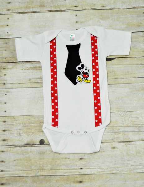 mickey tie bodysuit, mickey tie and suspenders outfit, mickey tie and suspenders bodysuit, red and black mickey shirt