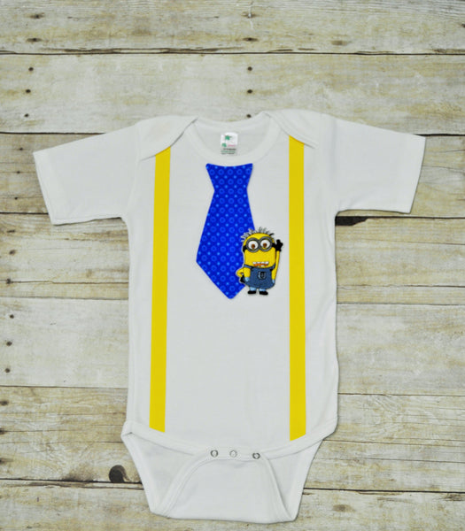 minion tie bodysuit, minion tie and suspenders outfit, minioin tie and suspenders bodysuit, minion cake smash, birthday bodysuit