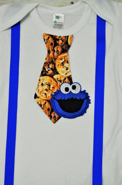 cookie monster tie bodysuit, cookie monster tie and suspenders outfit, cookie monster tie and suspenders bodysuit, cookie monster cake smash