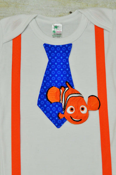 nemo tie bodysuit, nemo and suspenders outfit, nemo tie and suspenders bodysuit, nemo cake smash, birthday outfit