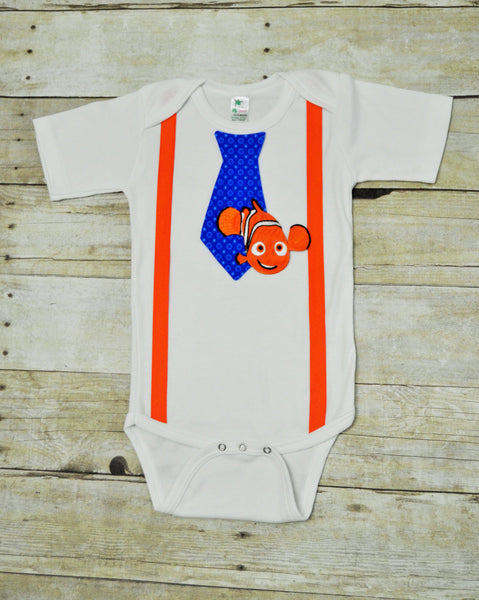 nemo tie bodysuit, nemo and suspenders outfit, nemo tie and suspenders bodysuit, nemo cake smash, birthday outfit