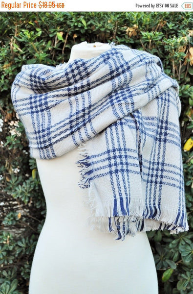Blanket scarf, oversized scarf, plaid white and blue scarf, fashion scarf, monogrammed, plaid, gift, tartan blanket scarf