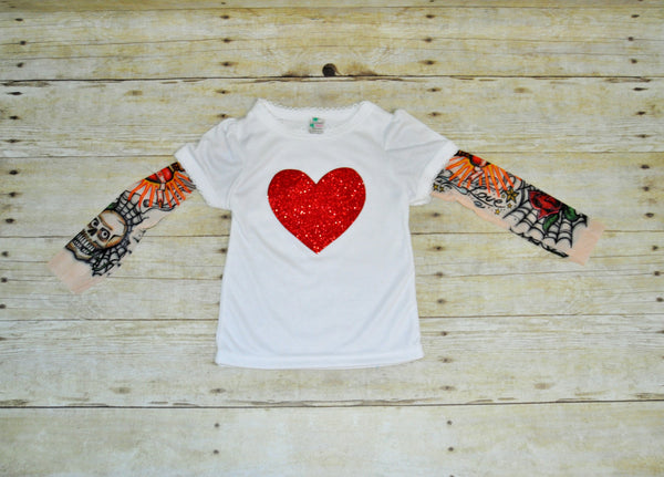 Girl Tattoo sleeve shirt baby, valentines shirt or T-shirt with sparkle heart. tattoo shirt, stylish rocker, cake smash