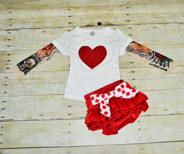 baby girl valentines outfit, tattoo sleeve shirt and ruffle diaper cover,  tattoo shirt, stylish rocker, cake smash