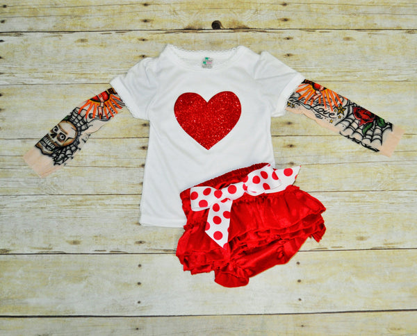 baby girl valentines outfit, tattoo sleeve shirt and ruffle diaper cover,  tattoo shirt, stylish rocker, cake smash