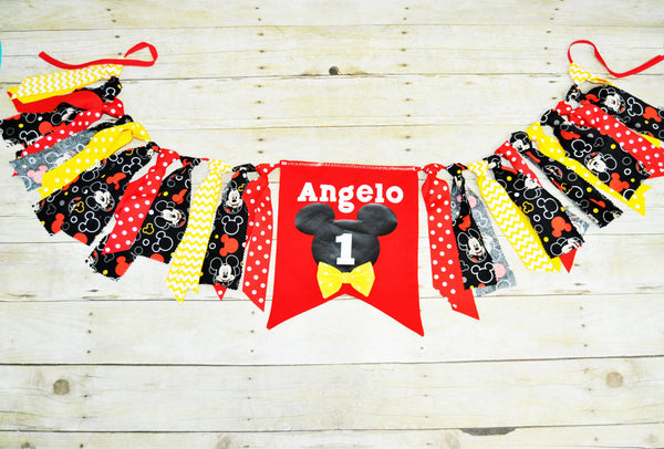 Mickey rag banner, mickey room decoration, first birthday banner, mickey photo prop, mickey party accessories, personalized mickey bunting