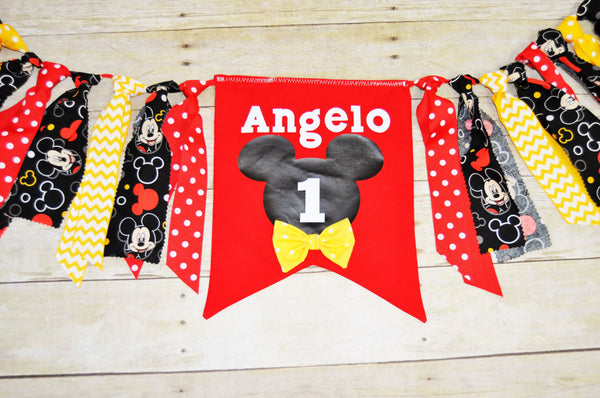 Mickey rag banner, mickey room decoration, first birthday banner, mickey photo prop, mickey party accessories, personalized mickey bunting