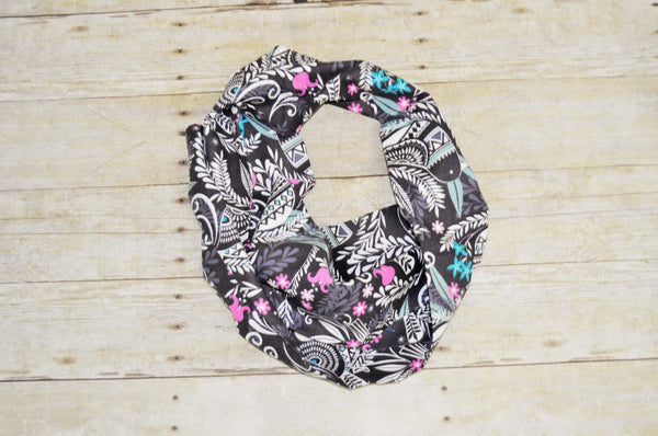 Baby/Toddler birds infinity scarf, soft baby scarf, trendy baby scarf, black and pink infinity baby scarf,infinity scarf,teal scarf