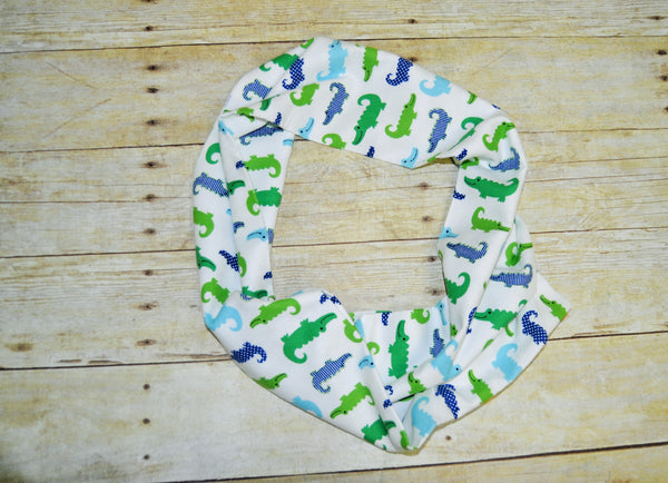 Baby/Toddler blue and green alligator infinity scarf, soft baby scarf, trendy baby scarf, alligator baby scarf,infinity scarf