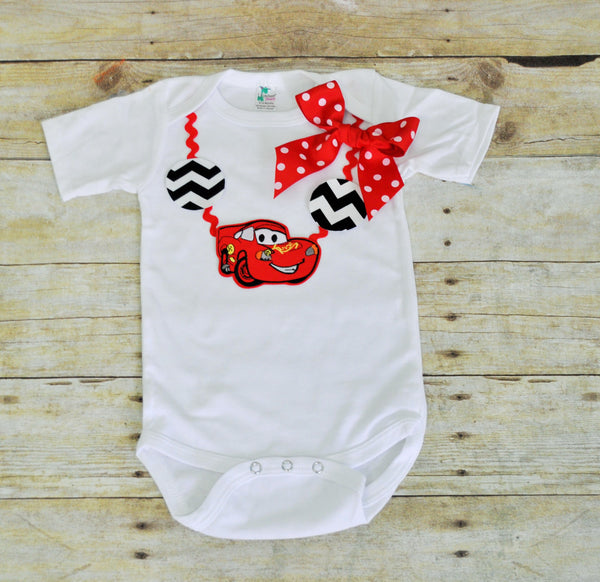 girl lightning mcqueen bodysuit, cars necklace outfit, lightning mcqueen bodysuit, cars cake smash, girl 1st birthday