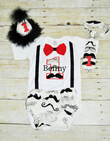 personalized mustache first birthday outfit, mustache cake smash, mustache tie, mustache party hat, black and white mustahe, red accents