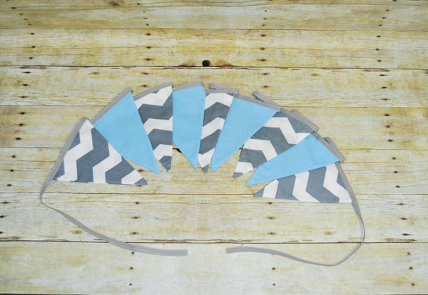 gray chevron and baby blue banner, gray chevron room decoration, first birthday banner, chevron photo prop, gray chevron and blue bunting