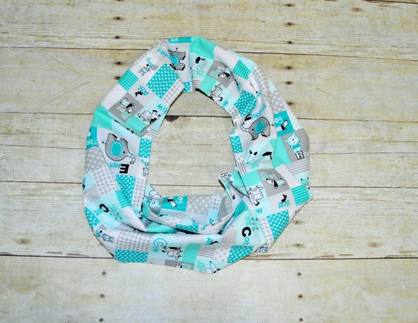 Baby/Toddler animal alphabet infinity scarf, soft baby scarf, trendy baby scarf, alphabet infinity baby scarf,infinity scarf, teal, gray