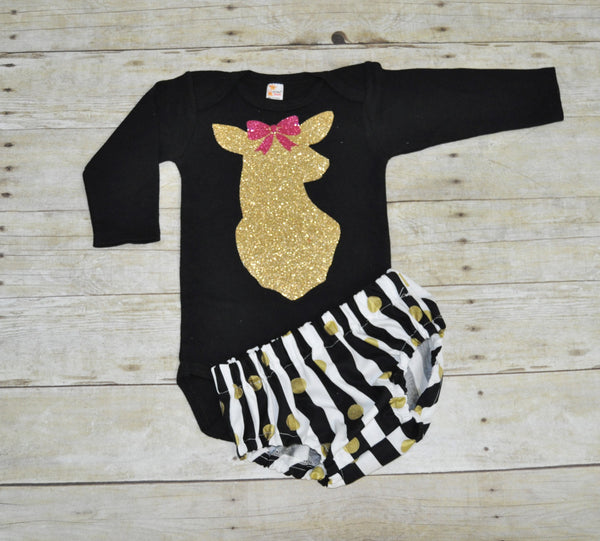 glitter deer black bodysuit, glitter deer shirt with diaper cover, newborn photo prop, black white and gold outfit, christmas photo prop