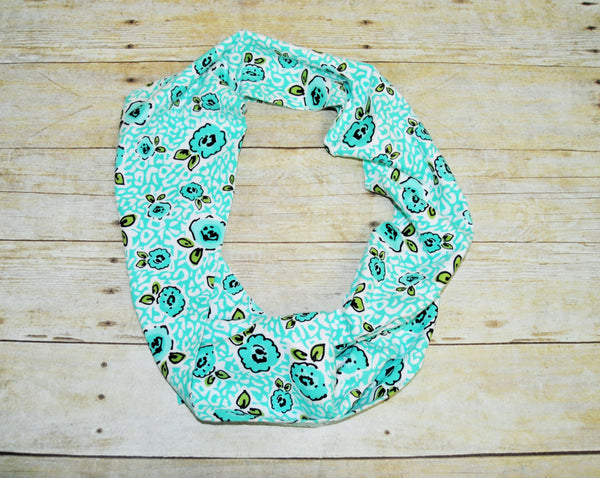 Baby/Toddler teal flowers infinity scarf, soft baby scarf, trendy baby scarf,monkey aqua flowers baby scarf,infinity scarf