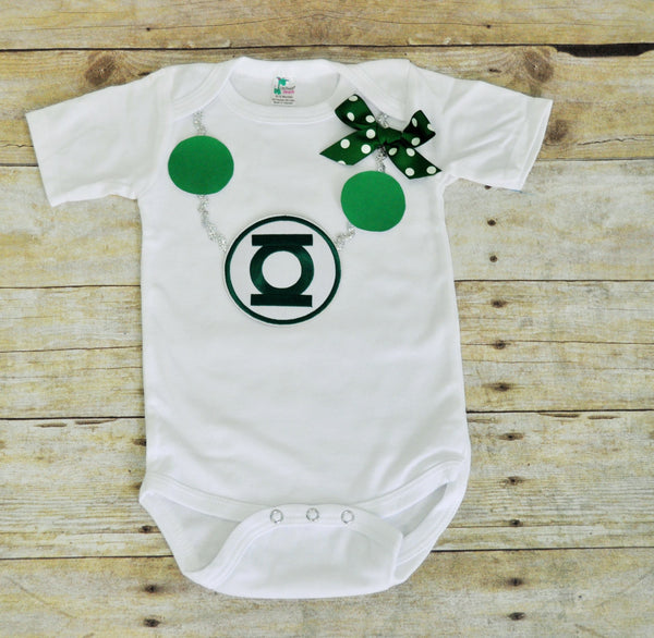 girl green lantern bodysuit, green lantern necklace outfit, green lantern bodysuit, green lantern cake smash, girl 1st birthday shirt