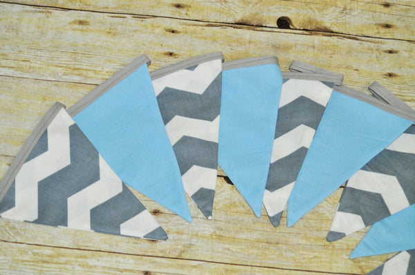 gray chevron and baby blue banner, gray chevron room decoration, first birthday banner, chevron photo prop, gray chevron and blue bunting