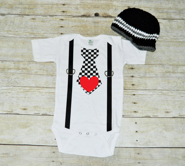 valentines tie bodysuit with hat, heart tie and suspenders, bringing home baby set, first birthday outfit, black and white checker