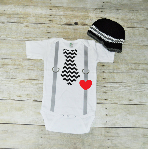 valentines black chevron bodysuit with hat, tie and suspenders, bringing home baby set, first birthday outfit, black and white chevron