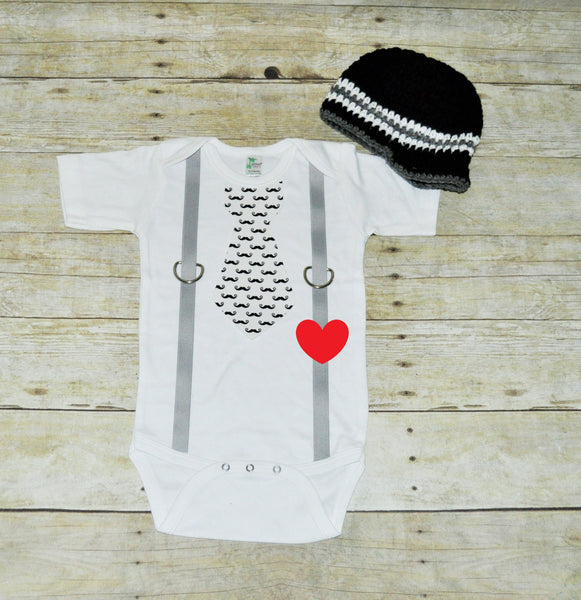 valentines tie bodysuit with hat, mustache valentines shirt, bringing home baby set, first birthday outfit, heart accent, mustache