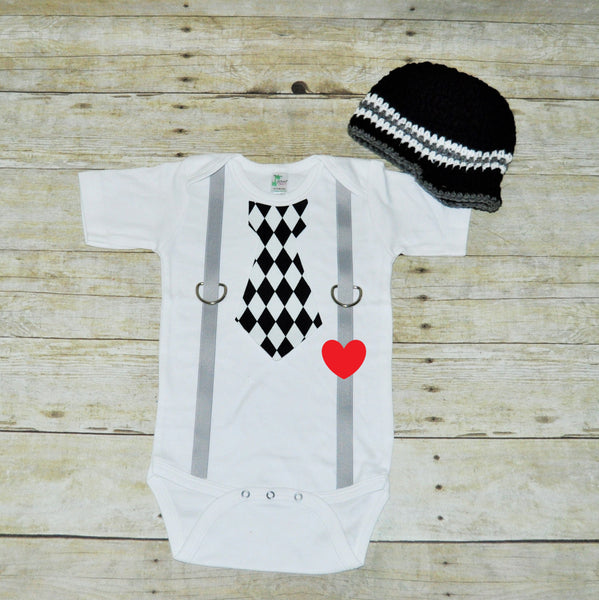 valentines tie bodysuit with hat, harlequin valentines shirt, bringing home baby set, first birthday outfit, heart accent, harlequin