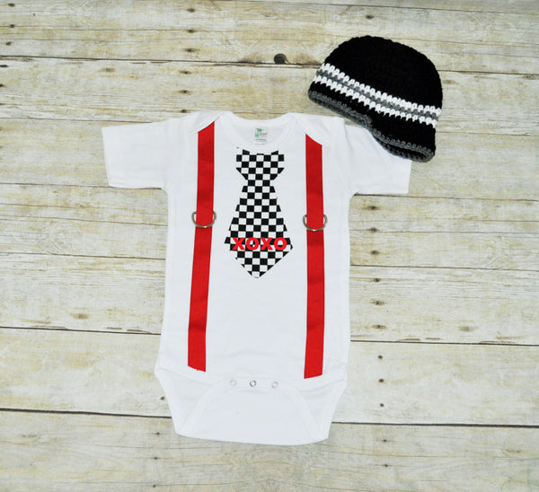 valentines tie bodysuit with hat, xoxo tie with red suspenders, bringing home baby set, first birthday outfit, black and white checkers