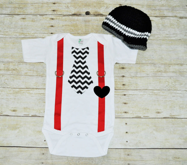 valentines tie bodysuit with hat, heart tie with red suspenders, bringing home baby set, first birthday outfit, black and white chevron