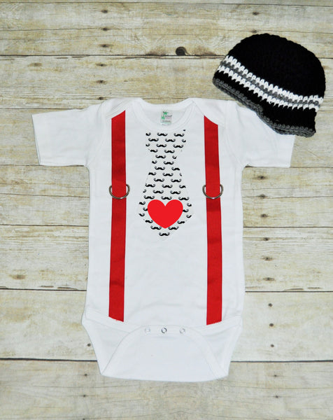 valentines tie bodysuit with hat,mustache tie with red suspenders, bringing home baby set, first birthday outfit, 1st birthday