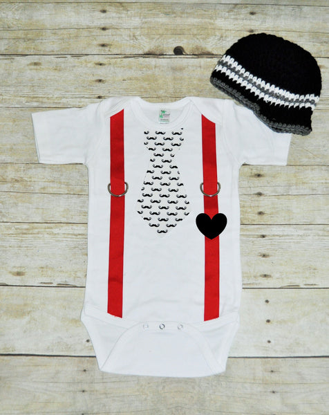 valentines tie bodysuit with hat, mustache tie with red suspenders, bringing home baby set, first birthday outfit, heart accent