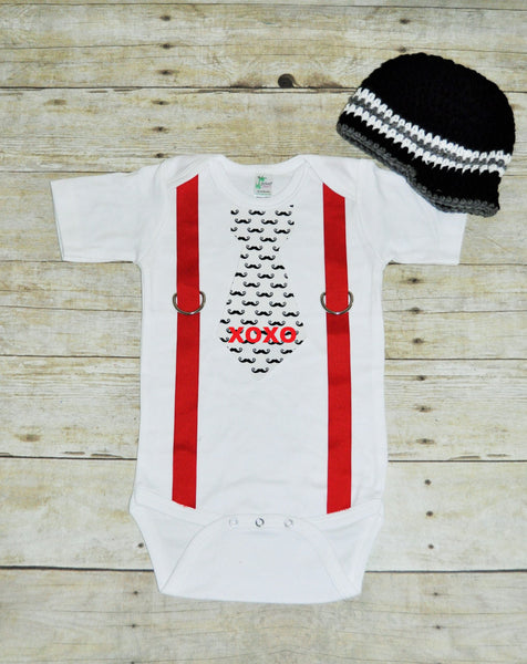 valentines tie bodysuit with hat, xoxo tie red suspenders, bringing home baby set,first birthday outfit, mustache, mustache bodysuit