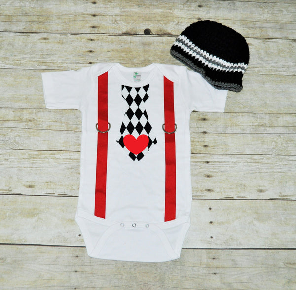 valentines tie bodysuit with hat, heart tie and suspenders, bringing home baby set, first birthday outfit, black and white harlequin