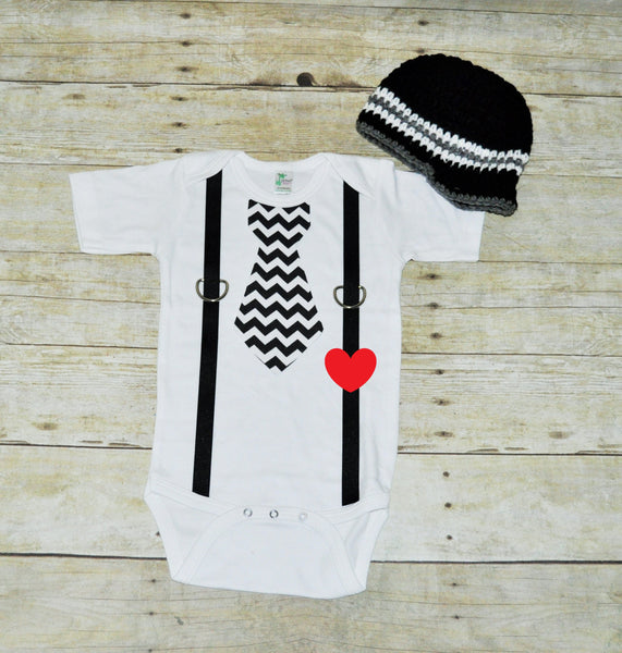 valentines tie bodysuit with hat, heart tie and suspenders, bringing home baby set, first birthday outfit, black and white chevron