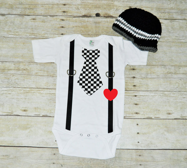 valentines tie bodysuit with hat, heart tie and suspenders, bringing home baby set, first birthday outfit, black and white checkers