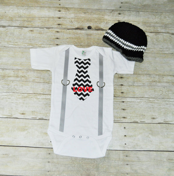 valentines tie bodysuit with hat, love tie with gray suspenders, bringing home baby set, first birthday outfit, black and white chevron