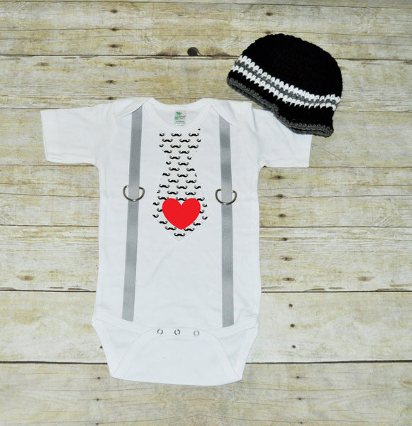 valentines tie bodysuit with hat, mustache valentines shirt, bringing home baby set, first birthday outfit, 1st birthday, mustache