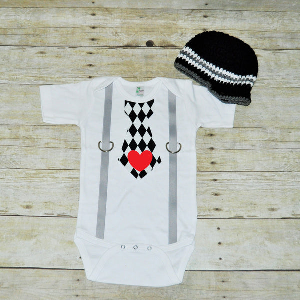 valentines tie bodysuit with hat, heart tie and suspenders, bringing home baby set, first birthday outfit, black and white harlequin