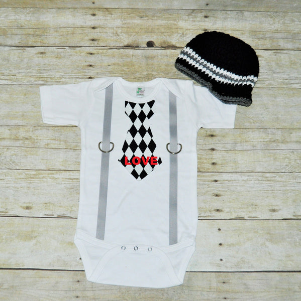 valentines tie bodysuit with hat, harlequin tie with gray suspenders, bringing home baby set, love harlequin bodysuit, harlequin bodysuit