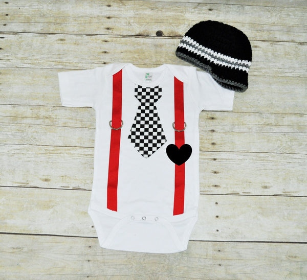 valentines tie bodysuit with hat, heart tie and suspenders, bringing home baby set, first birthday outfit, black and white checkers