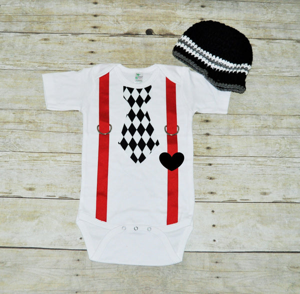 valentines tie bodysuit with hat,harlequin valentines shirt, bringing home baby set, first birthday outfit, heart accent, harlequin