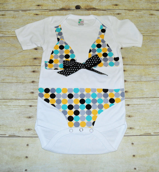 polka dot bikini bodysuit, aqua polka dot bikini bodysuit, bathing suit bodysuit, baby swimsuit, yellow, black, gray, aqua, baby shower gift