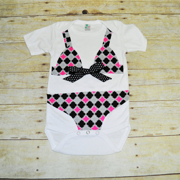 hot pink andblack bikini bodysuit, harlequin bikini bodysuit, bathing suit bodysuit, baby swimsuit, summer bodysuit, baby shower gift